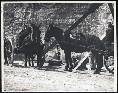 Horizontales Schwarz-Weiß-Foto von zwei pferdegezogenen Wagen in einem Steinbruch von William G. Swekosky