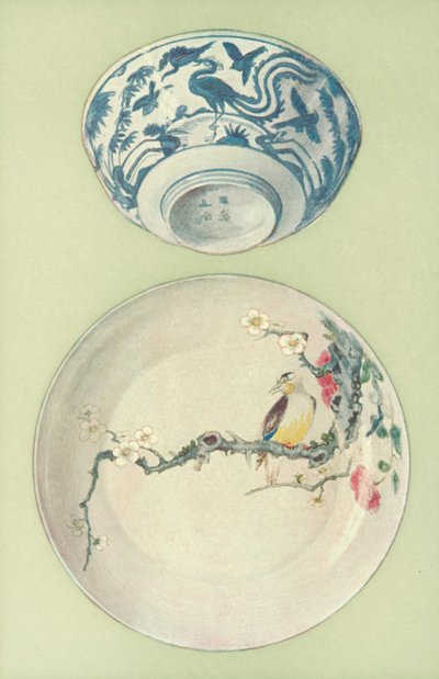 Schüssel, Periode von Chia Ching, und Teller, Periode von Young Cheng, chinesisch (Farblithografie) von William Gibb
