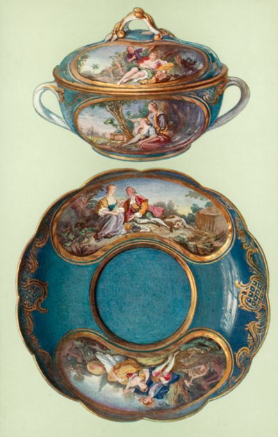 Ecuelle und Stand, Sèvres, Türkisblau, mit Tafeln nach Boucher (Farblithografie) von William Gibb