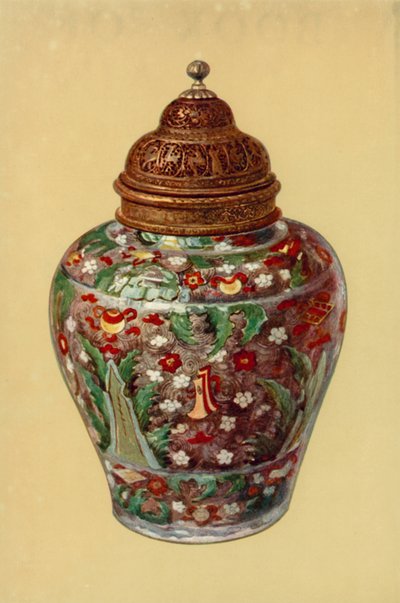 Krug, Ming-Dynastie, chinesisch, mit persischem Messingdeckel (Farblithografie) von William Gibb