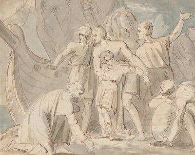 Historisches Thema mit Männern und einem Jungen in der Nähe eines Schiffes, recto, 1770-80 von William Hamilton