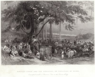 Runjeet Singh und seine Suwarree lagern unter dem Banyanbaum am Fluss Sulley von William Harvey