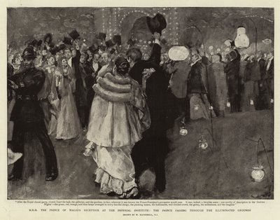 Der Empfang des Prinzen von Wales am Imperial Institute, der Prinz durchquert die beleuchteten Gärten von William Hatherell