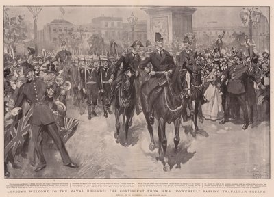 Londons Willkommen an die Marinebrigade, die Abordnung von HMS Powerful passiert den Trafalgar Square von William Hatherell