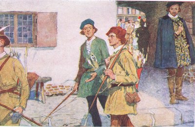 Shakespeare sieht eine Gruppe Lehrlinge mit ihren Bögen und Pfeilen auf dem Weg zu den Bogenschießplätzen in Moorfields, aus My Magazine, veröffentlicht 1922 von William Hatherell