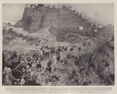 Der Angriff auf den Dargai-Hügel am 20. Oktober, der Pass wird von den Gordon Highlanders, gefolgt von den Dorsetshires, Derbyshires, 3. Sikhs und Gurkhas, gestürmt von William Hatherell