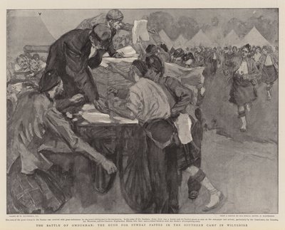 Die Schlacht von Omdurman, der Ansturm auf die Sonntagszeitungen im südlichen Lager in Wiltshire von William Hatherell