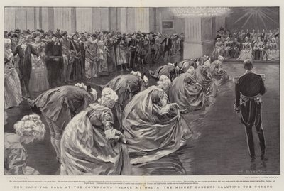 Der Karnevalsball im Gouverneurspalast in Malta, die Menuett-Tänzer grüßen den Thron von William Hatherell
