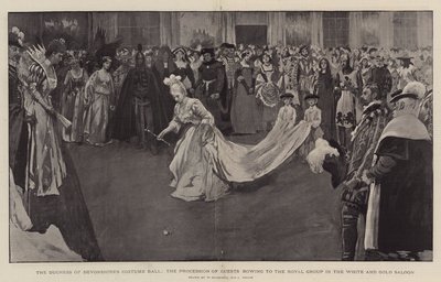 Der Kostümball der Herzogin von Devonshire, die Prozession der Gäste verneigt sich vor der königlichen Gruppe im weißen und goldenen Salon, 1897 von William Hatherell
