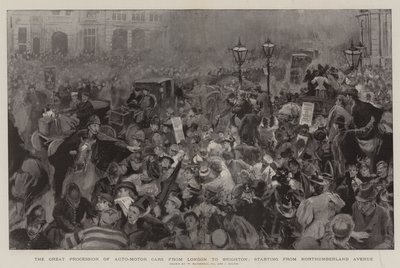 Die große Prozession der Automobilwagen von London nach Brighton, Start von der Northumberland Avenue von William Hatherell