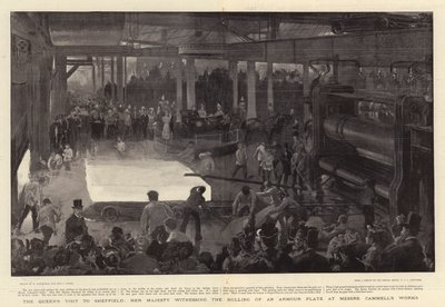 Der Besuch der Königin in Sheffield, Ihre Majestät beobachtet das Walzen einer Panzerplatte in den Werken von Messrs Cammell von William Hatherell