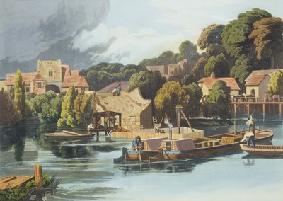 Wallingford Castle im Jahr 1810 während der Brückenreparaturen, graviert von Robert Havell dem Jüngeren, veröffentlicht 1818 von William Havell