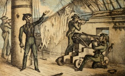 Marineinfanteristen in Aktion an Bord eines unbekannten Kriegsschiffs, ca. 1835 von William Heath