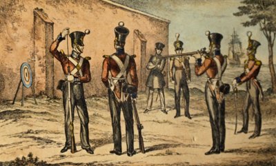 Gegenwärtige Uniform der Marines beim Zielscheibenschießen, ca. 1835 (handkolorierte Radierung) von William Heath