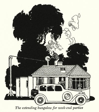 Ein erweiterbares Bungalow für Wochenendpartys von William Heath Robinson