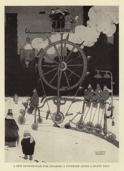 Ein neuer Schneepflug zum Räumen eines Gehwegs nach starkem Schneefall von William Heath Robinson