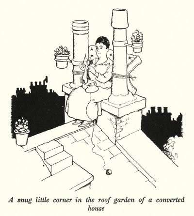Eine gemütliche Ecke im Dachgarten eines umgebauten Hauses von William Heath Robinson