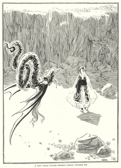 Eine sehr große geflügelte Schlange kam auf mich zu von William Heath Robinson