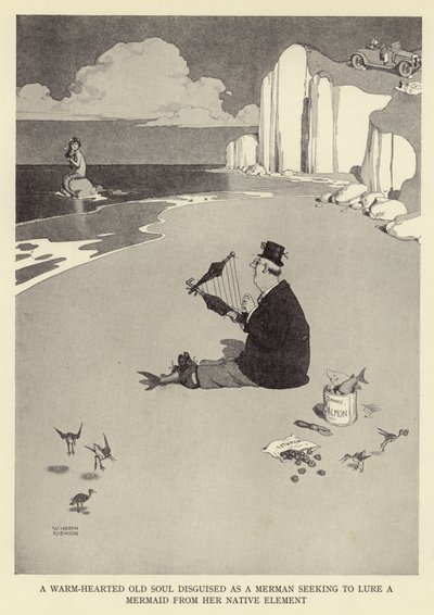Ein warmherziger alter Seemann, verkleidet als Meermann, der versucht, eine Meerjungfrau aus ihrem Element zu locken von William Heath Robinson