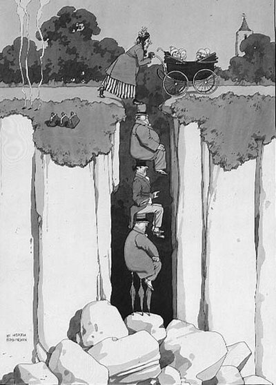 Akt der Freundlichkeit, Rücksichtnahme von drei Herren, die einer Dame über einen Abgrund helfen von William Heath Robinson