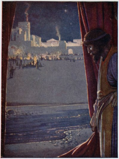 Agamemnon hörte das Geräusch von Pfeifen und Flöten und das Lachen der Männer, als die Trojaner feierten und fröhlich waren von William Heath Robinson