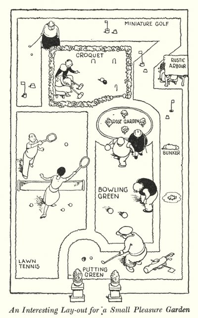 Ein interessanter Grundriss für einen kleinen Vergnügungsgarten (Lithografie) von William Heath Robinson