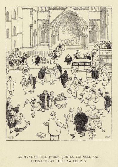 Ankunft des Richters, der Geschworenen, der Anwälte und der Prozessparteien an den Gerichten von William Heath Robinson
