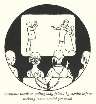 Vorsichtiger Jüngling, der eine Freundin heimlich auskundschaftet, bevor er einen Heiratsantrag macht (Lithografie) von William Heath Robinson