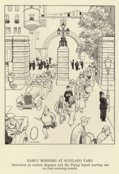 Früher Morgen bei Scotland Yard, Detektive in verschiedenen Verkleidungen und die Flying Squad beginnt ihre morgendlichen Runden von William Heath Robinson