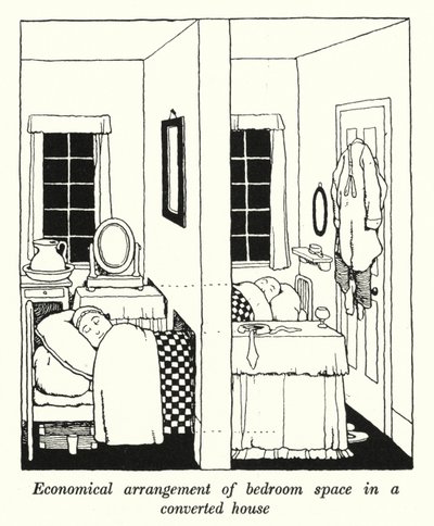 Ökonomische Anordnung des Schlafzimmers in einem umgebauten Haus (Lithografie) von William Heath Robinson