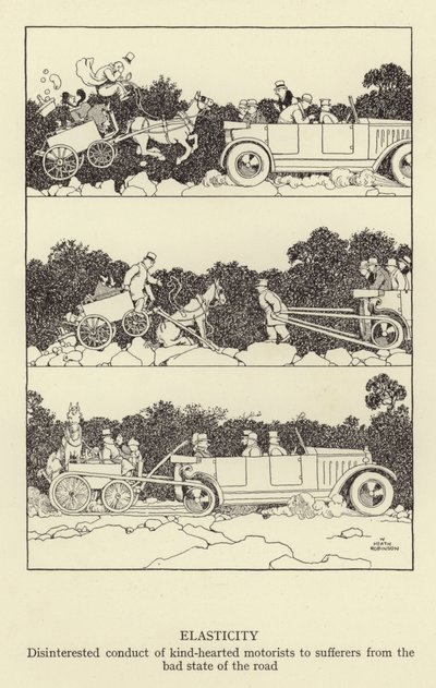 Elastizität, uneigennütziges Verhalten gutherziger Autofahrer gegenüber Leidenden aufgrund des schlechten Straßenzustands von William Heath Robinson