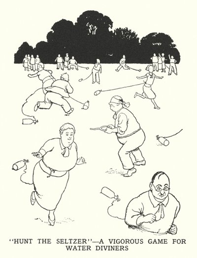 "Hunt the Seltzer", ein kräftiges Spiel für Wasserfinder (Lithografie) von William Heath Robinson
