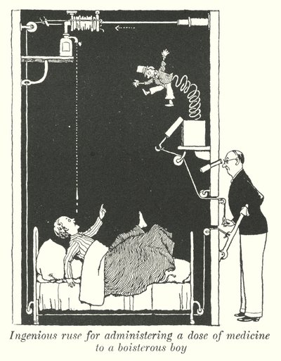 Genialer Trick, um einem ungestümen Jungen eine Dosis Medizin zu verabreichen (Litho) von William Heath Robinson