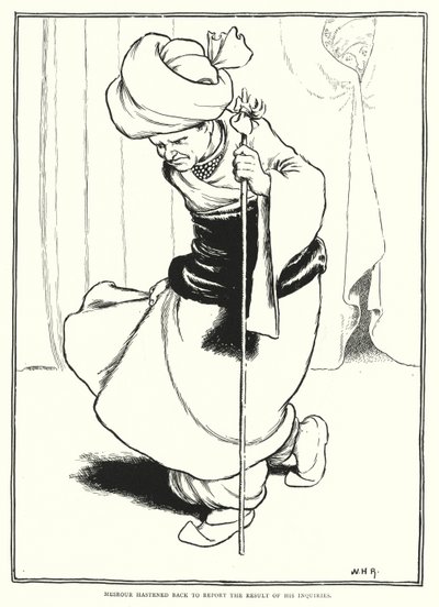 Mesrour eilte zurück, um das Ergebnis seiner Nachforschungen zu berichten (Gravur) von William Heath Robinson
