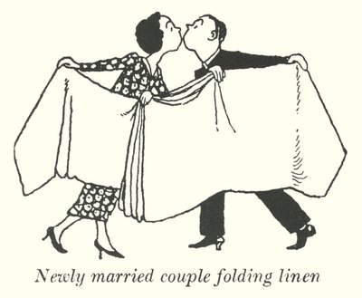 Frisch verheiratetes Paar faltet Wäsche (Lithografie) von William Heath Robinson