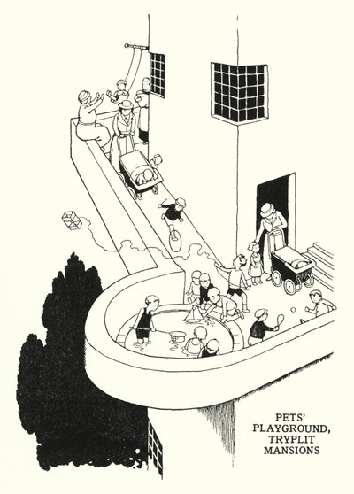 Spielplatz für Haustiere, Tryplit Mansions (Lithografie) von William Heath Robinson