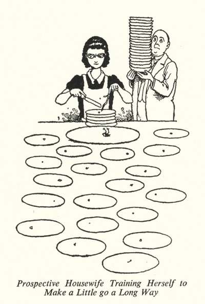 Zukünftige Hausfrau trainiert sich, mit wenig auszukommen (Lithografie) von William Heath Robinson