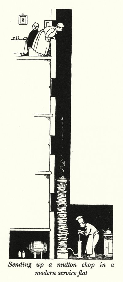 Ein Mutton Chop in einer modernen Service-Wohnung hochschicken (Lithografie) von William Heath Robinson