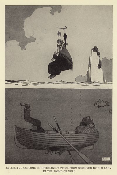 Erfolgreiches Ergebnis intelligenter Vorsicht beobachtet von einer alten Dame im Sound of Mull von William Heath Robinson