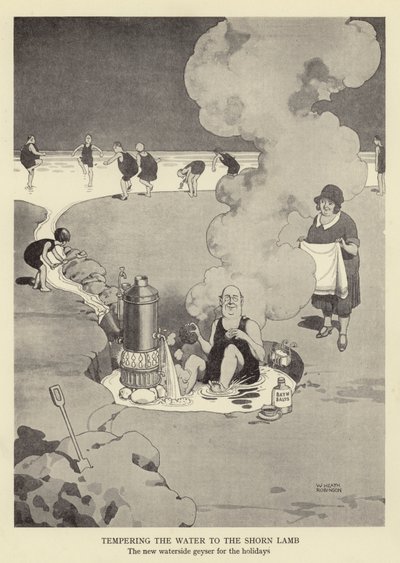 Das Wasser für das geschorene Lamm temperieren, der neue Geysir am Wasserufer für die Feiertage von William Heath Robinson