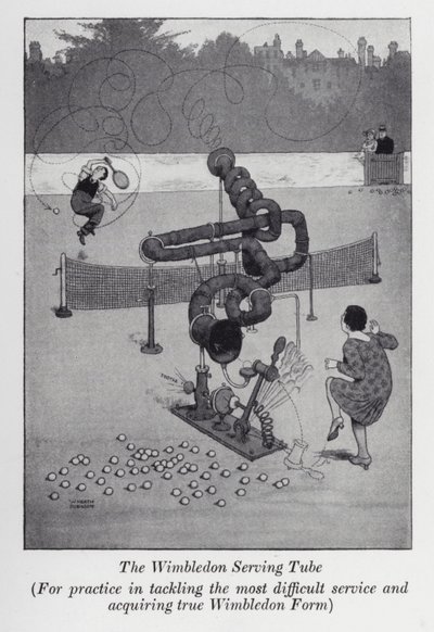 Die Wimbledon-Servier-Röhre, Zum Üben der schwierigsten Aufschläge und zum Erreichen der wahren Wimbledon-Form von William Heath Robinson