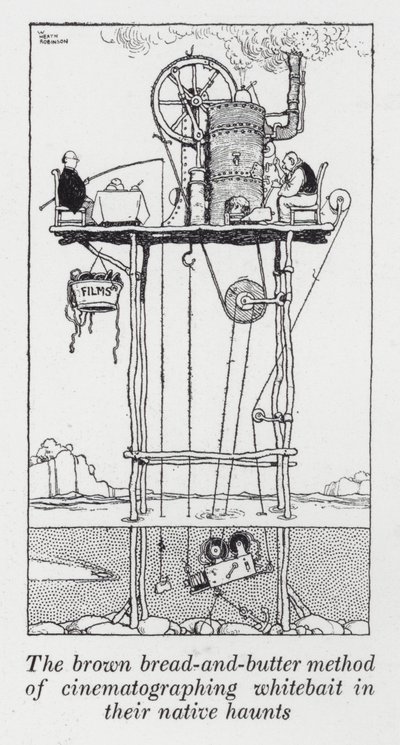 Die braune Brot-und-Butter-Methode, Weißfische in ihrem natürlichen Lebensraum zu filmen (Lithografie) von William Heath Robinson