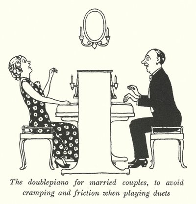 Das Doppelklavier für Ehepaare, um Krämpfe und Reibungen beim Spielen von Duetten zu vermeiden von William Heath Robinson