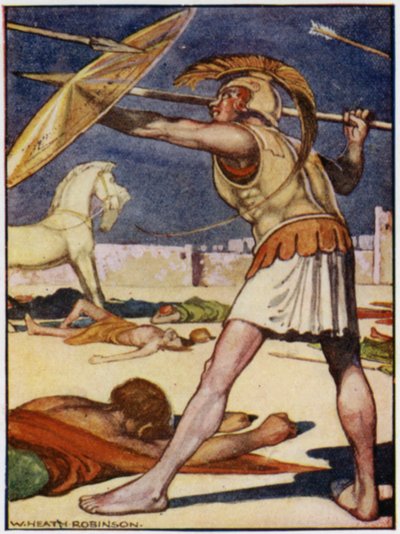 Die Spitze des Speers flog über die linke Schulter von Patroklos von William Heath Robinson