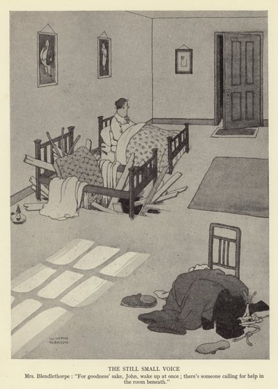 Die leise Stimme, Mrs Blendlethorpe, Um Himmels willen, John, wach sofort auf; da ruft jemand im Zimmer darunter um Hilfe von William Heath Robinson