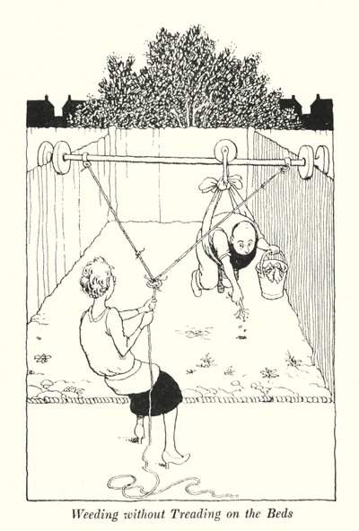 Unkrautjäten ohne auf die Beete zu treten von William Heath Robinson