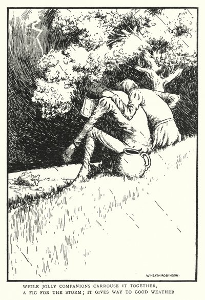 Während fröhliche Gefährten zusammen zechen, ein Feigenblatt für den Sturm, es weicht gutem Wetter von William Heath Robinson