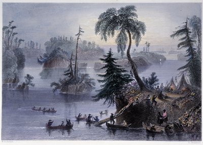 Szene unter den Tausend Inseln: Lager und Boote, Mille Îles - in „Canadian Scenery Illustrated“ von Bartlett W. H. von William Henry Bartlett