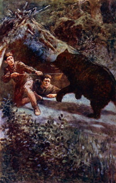 "Ich stieß den Speer mit aller Kraft in die Brust des Bären" (Farblithografie) von William Henry Charles Groome