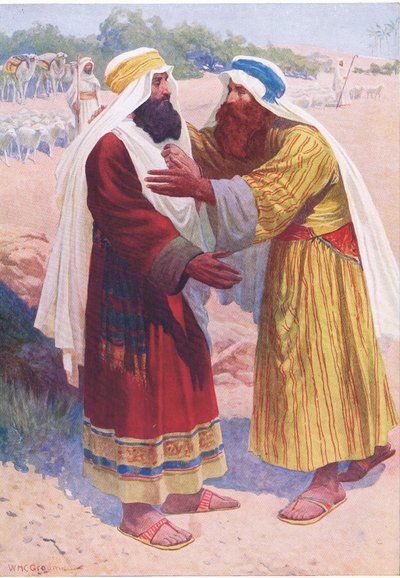 Die Begegnung von Jakob und Esau, aus Das Bibelbilderbuch, veröffentlicht von Thomas Nelson, ca. 1950 von William Henry Charles Groome